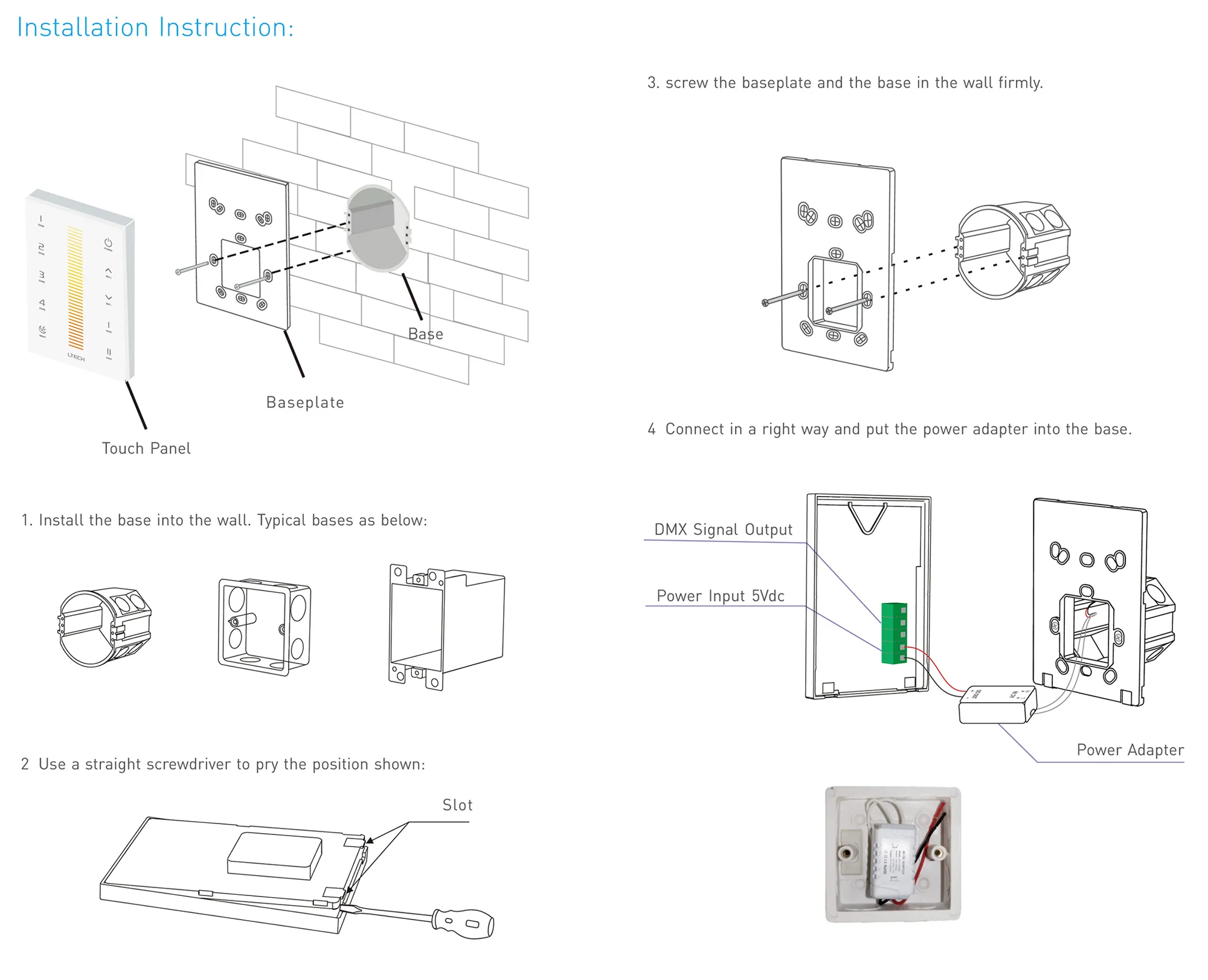RF 2.4GHz, DMX512 interface CT Capacitive Touch Panel, 5V 0.5-1A input, CT/Zone control, IP44. UX6  LTECH Touch Panel